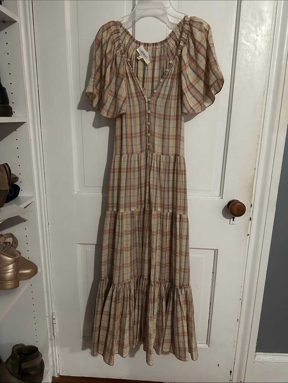 THE GREAT. Plaid Tiered Maxi Dress in Beige and Rust - Picture 4 of 9